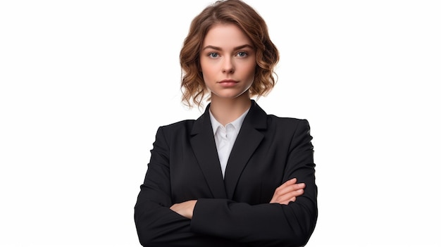 A woman in a suit stands with her arms crossed