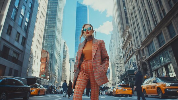 Photo a woman in a suit and sunglasses is standing in the street