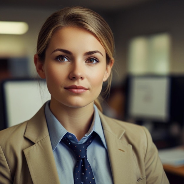 Photo a woman in a suit and tie stands in front of a computer monitor