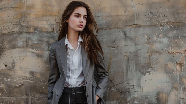 Photo a woman in a suit and tie stands in front of a stone wall