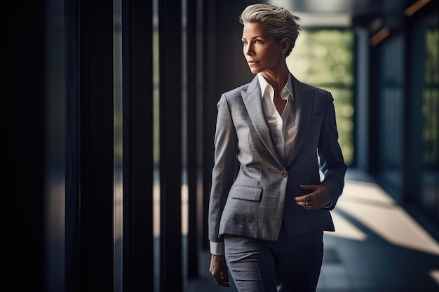 Photo a woman in a suit walking through a building generative ai