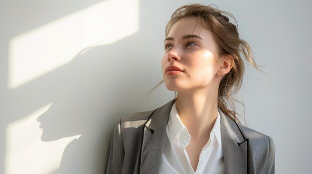 Photo a woman in a suit and a white shirt is standing in front of a wall