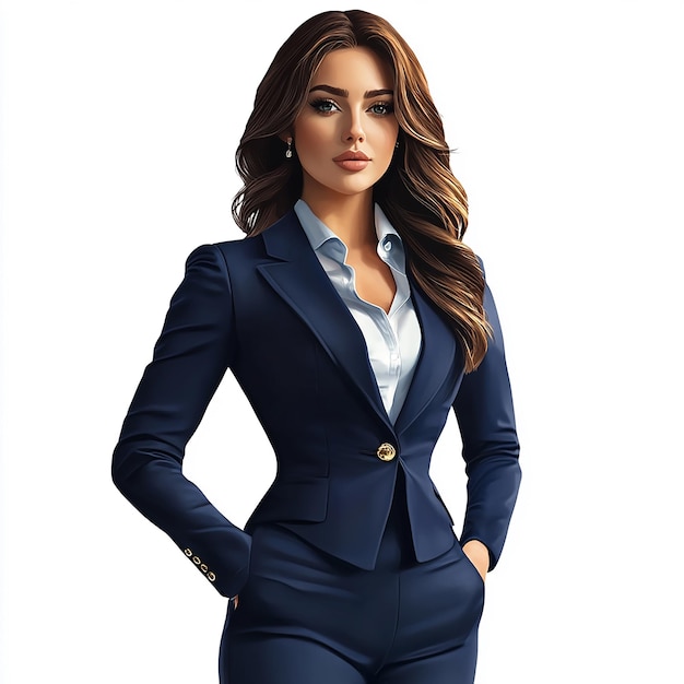 a woman in a suit with a blue shirt and a button down shirt