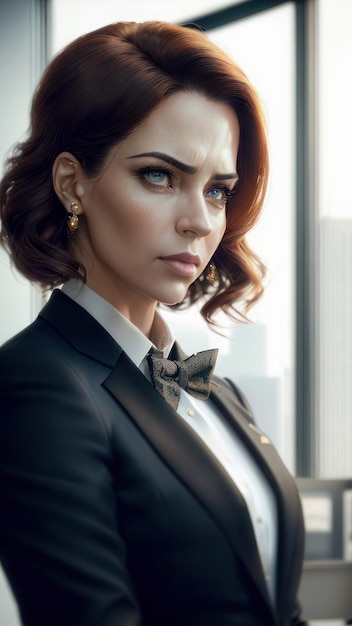 A woman in a suit with a bow tie stands in front of a window.