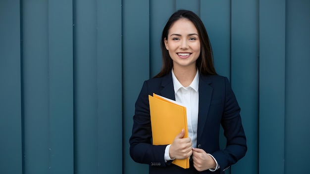 a woman in a suit with a folder that says  shes a good job