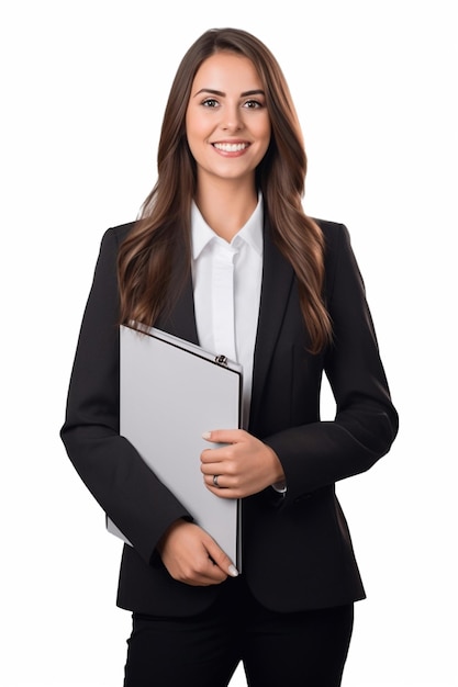 A woman in a suit with a folder