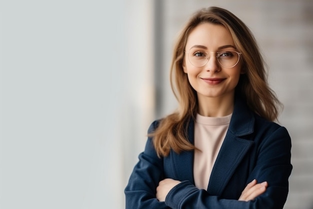 A woman in a suit with glasses stands in front of a wall that says'i'm a boss '