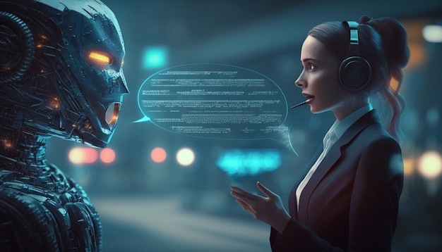 A woman in a suit with a helmet and a robot face talking to a woman in a dark city.