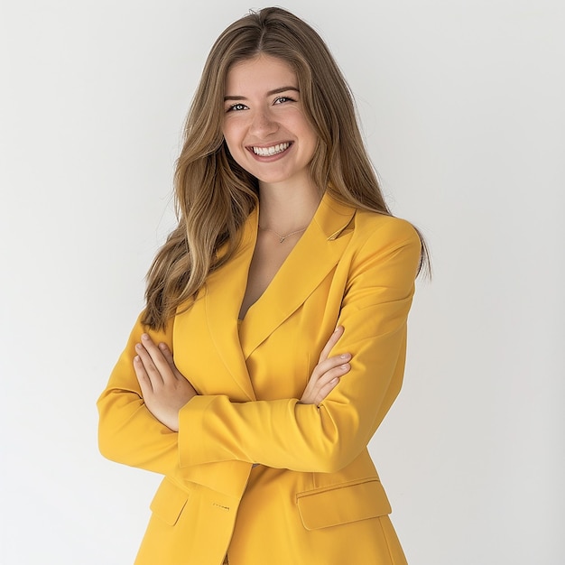 a woman in a suit with her arms crossed