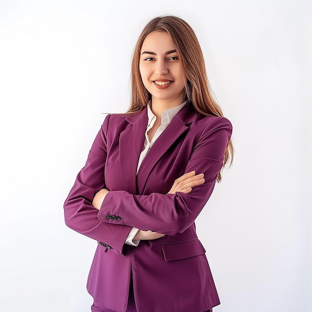 a woman in a suit with her arms crossed