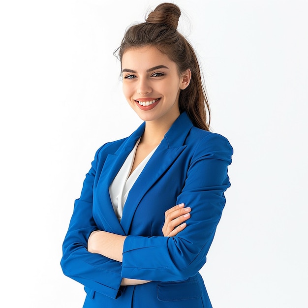 a woman in a suit with her arms crossed