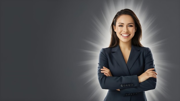 a woman in a suit with her arms crossed