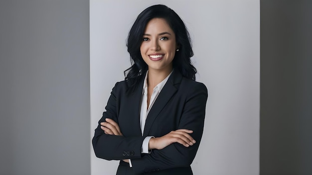 a woman in a suit with her arms crossed