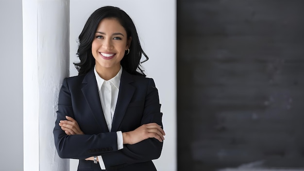 a woman in a suit with her arms crossed