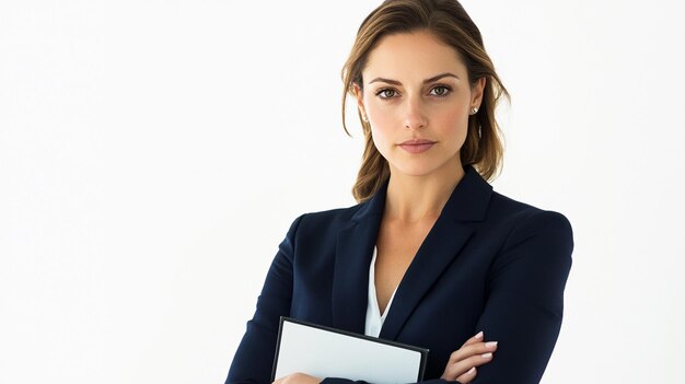 Photo a woman in a suit with her arms crossed