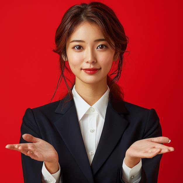 a woman in a suit with her hands in front of a red background