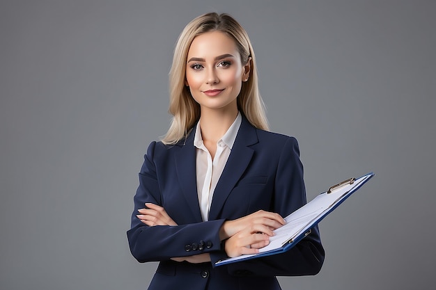 a woman in a suit with a pen in her hand is standing in front of a gray background