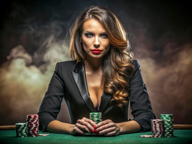 Photo a woman in a suit with a poker chips on her chest