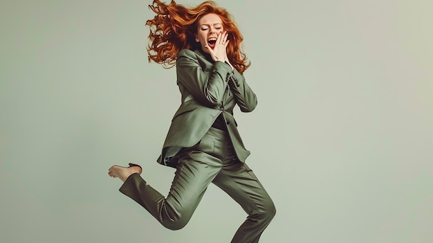 a woman in a suit with red hair is jumping in the air