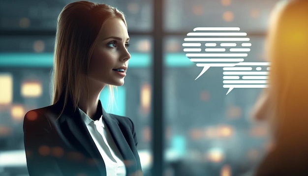 A woman in a suit with speech bubbles saying'the word'on it '