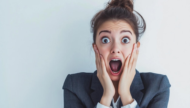 a woman in a suit with a surprised expression