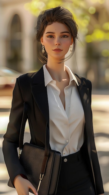 a woman in a suit with a white shirt and black glasses