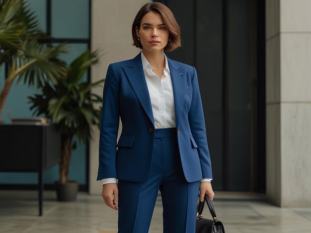 Photo a woman in a suit with a white shirt and a blue suit on