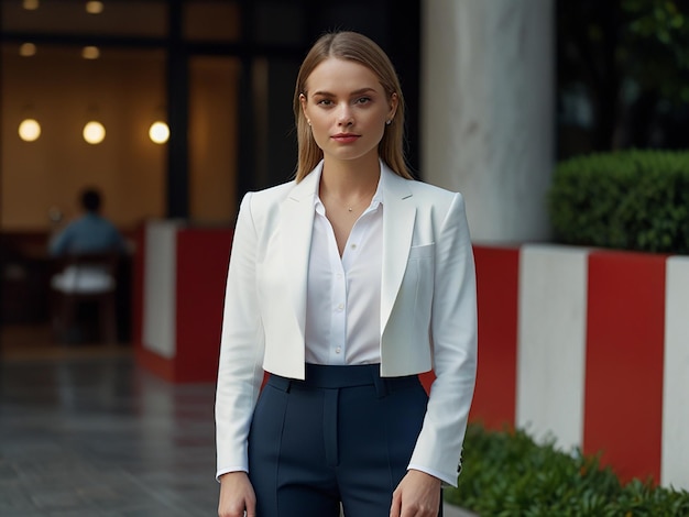 Photo a woman in a suit with a white shirt and a blue suit on