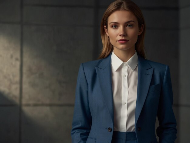 Photo a woman in a suit with a white shirt and a blue suit on