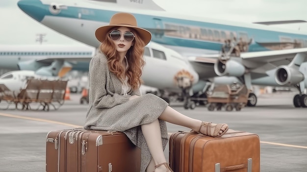 Woman on suitcases at the airport