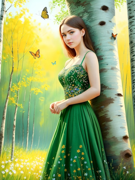 Woman in the summer forestBright long green dress butterfliesLong white summer dressDigital creative designer art drawingAI illustration