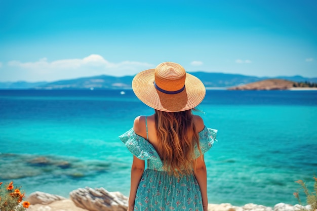 Woman in summer hat looking at the sea Happy freedom lifestyle Generative AI