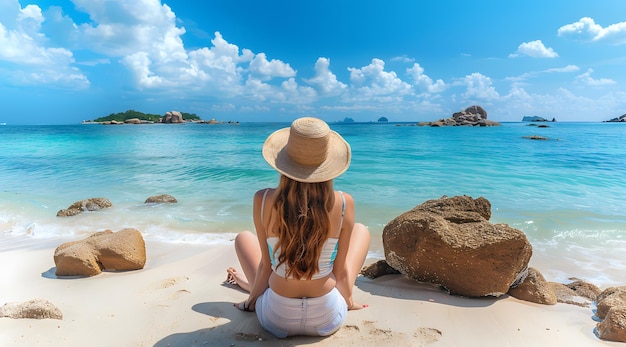 Woman in a summer hat sitting on the beach looking a 1719171018 3