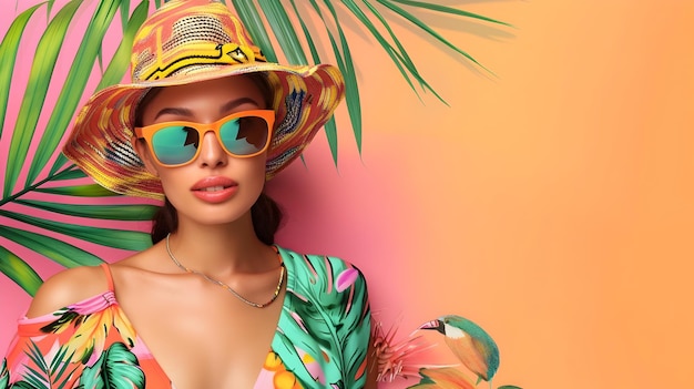 Woman in Summer Style with Tropical Foliage A stylish woman posing in a vibrant tropical setting perfect for summertime and getaways