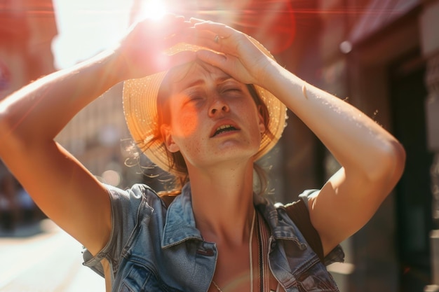 Photo a woman in a sun hat wipes her forehead standing in the bright sunlight on a hot day capturing a moment of summer heat and exhaustion