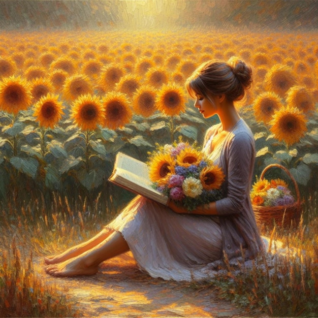 A woman in a sunflower field using impressionism