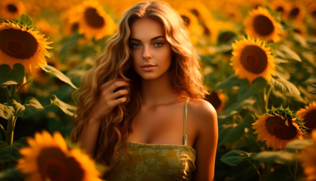 A woman in a sunflower field