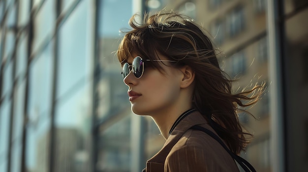 a woman in sunglasses on the background of the city