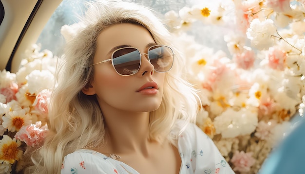 Woman in sunglasses in car full of flowers spring concept