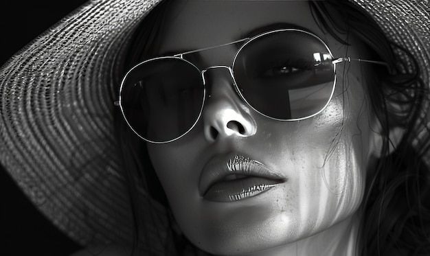 Photo woman in sunglasses and a hat black and white image in the style of vray tracing precision