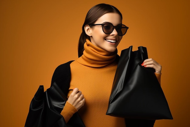 Woman in sunglasses holding bags on shoulder