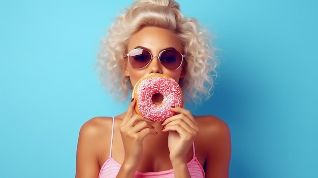 A woman in sunglasses is eating a donut with pink icing and pink sprinkles.