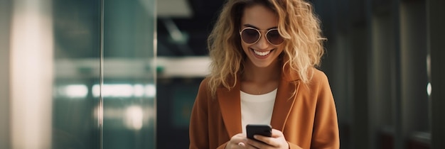 a woman in sunglasses is texting on her phone and smiling.