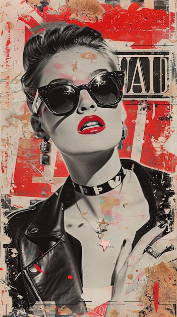 Photo a woman in sunglasses and a leather jacket exudes confidence and mystery in this collage artwork