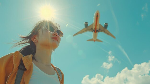 Photo a woman in sunglasses looks up at an airplane taking off against a bright blue sky with a few white clouds