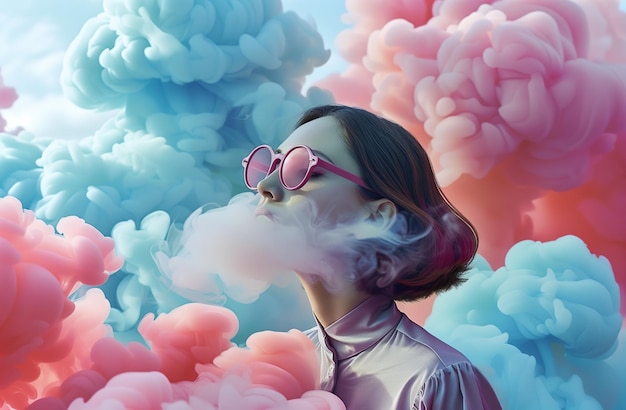 a woman in sunglasses and a pink cloud with smoke coming out of her face