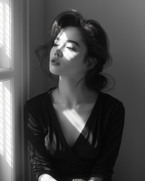 Woman in sunlight by window in monochrome