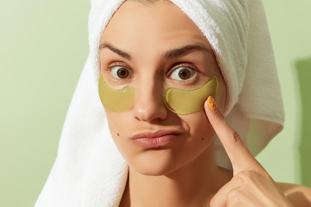 Woman in sunlight with eye patches on pastel green background Morning skincare routine