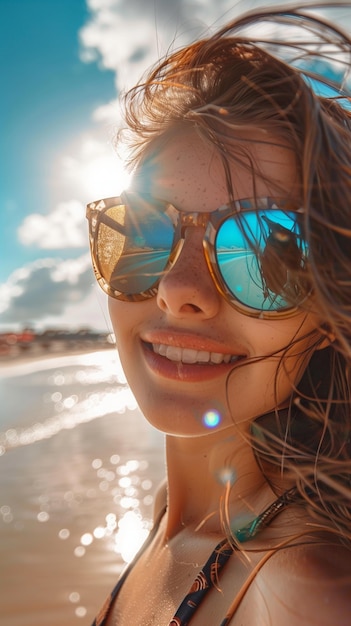 Woman at sunny beach in sunglasses smiling Closeup of beautiful face on vacation Beach selfie