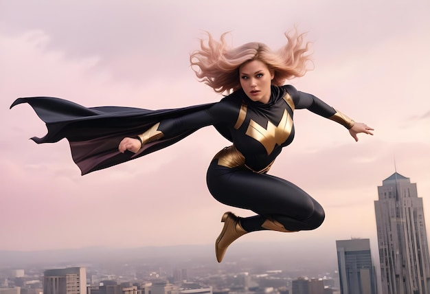 Photo a woman in a super hero outfit flies through the air